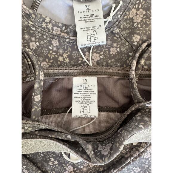 NWT Jamie Kay Pansy Floral Dark Two Piece Swimsuit & Rashguard Sz 1YR - Picture 2 of 3